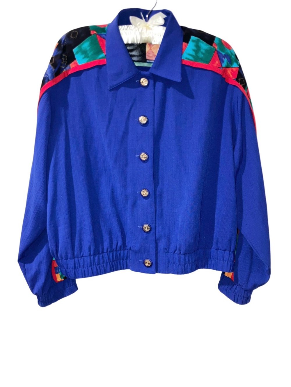 Vintage Ali Miles Art To Wear Shirt Jacket Shacket Blue Geometric Gold Button 14